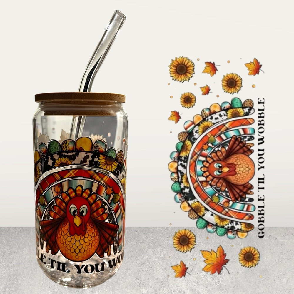 Turkey “Gobble Til You Wobble” Glass Cup with Straw & Cleaner